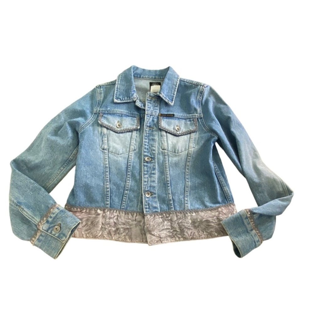 Vintage 90s DKNY Denim Jeans Jacket w/ Silver Pink Velvet Trim Medium - Picture 8 of 16